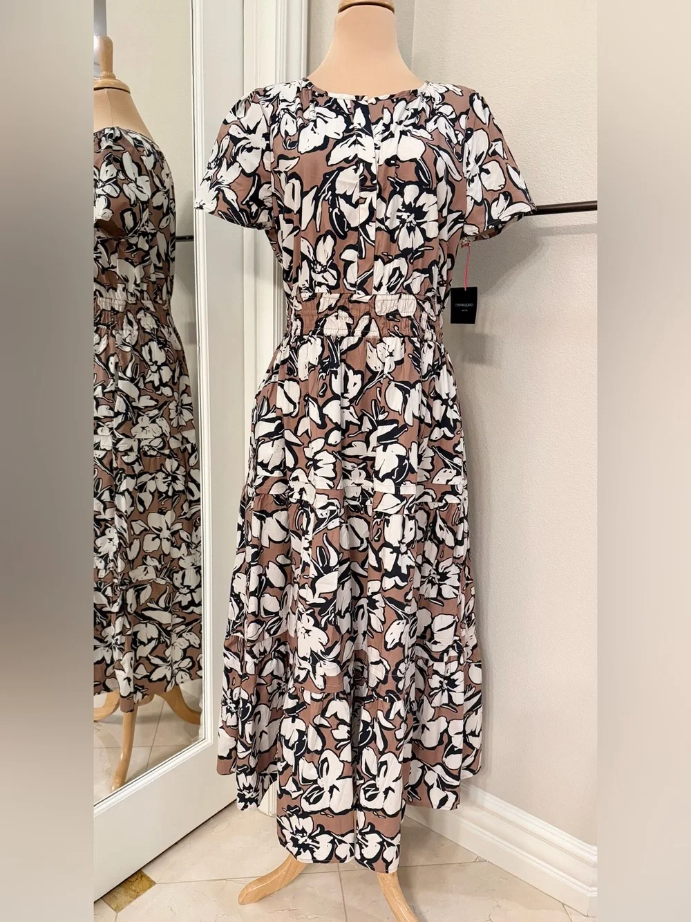 Cynthia Rowley Floral Tiered Maxi Dress XL Pockets Smocked Waist NWOT
